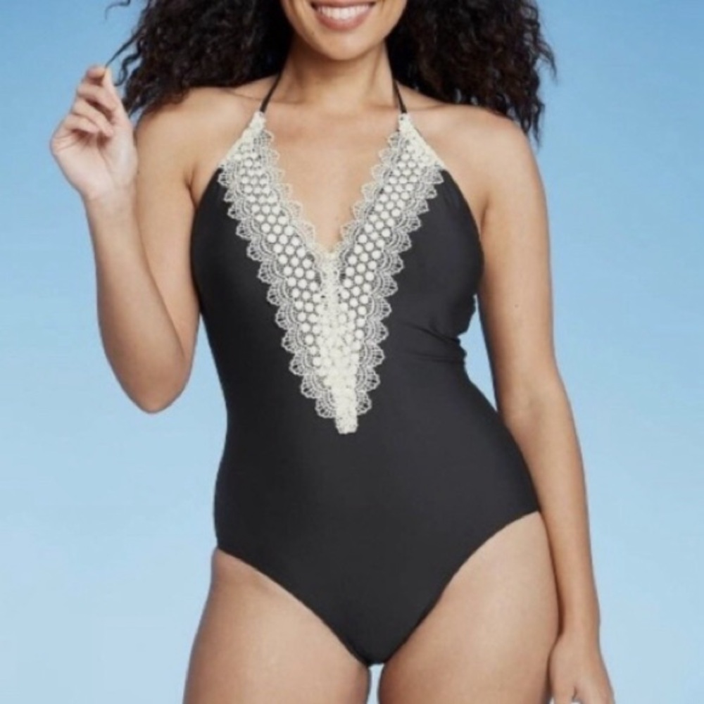 Sea Angel Black w/ Lace Detail Halter One Piece Swimsuit/ Free Swim Top